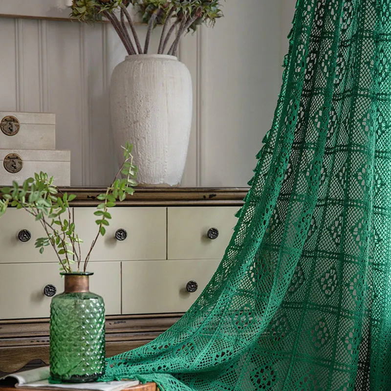 Christmas Green Curtain for Bedroom Boho Knitted Hollow Out Window Curtain Farmhouse Retro Crochet Sheer Curtains for Livingroom