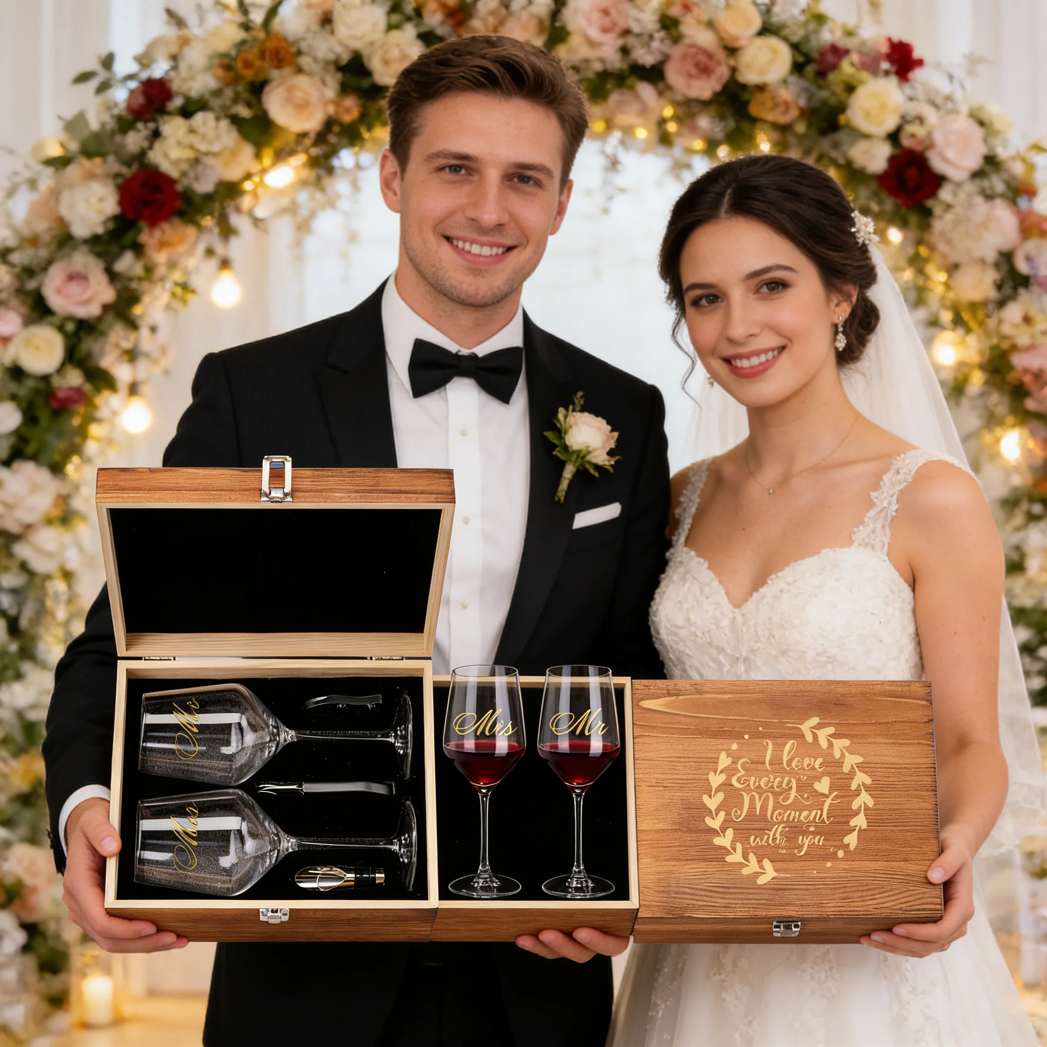 

Этот премиальный набор винных бокалов с гравировкой «Мистер и миссис» поставляется в красивой деревянной подарочной коробке. Романтический подарок на годовщину свадьбы,
