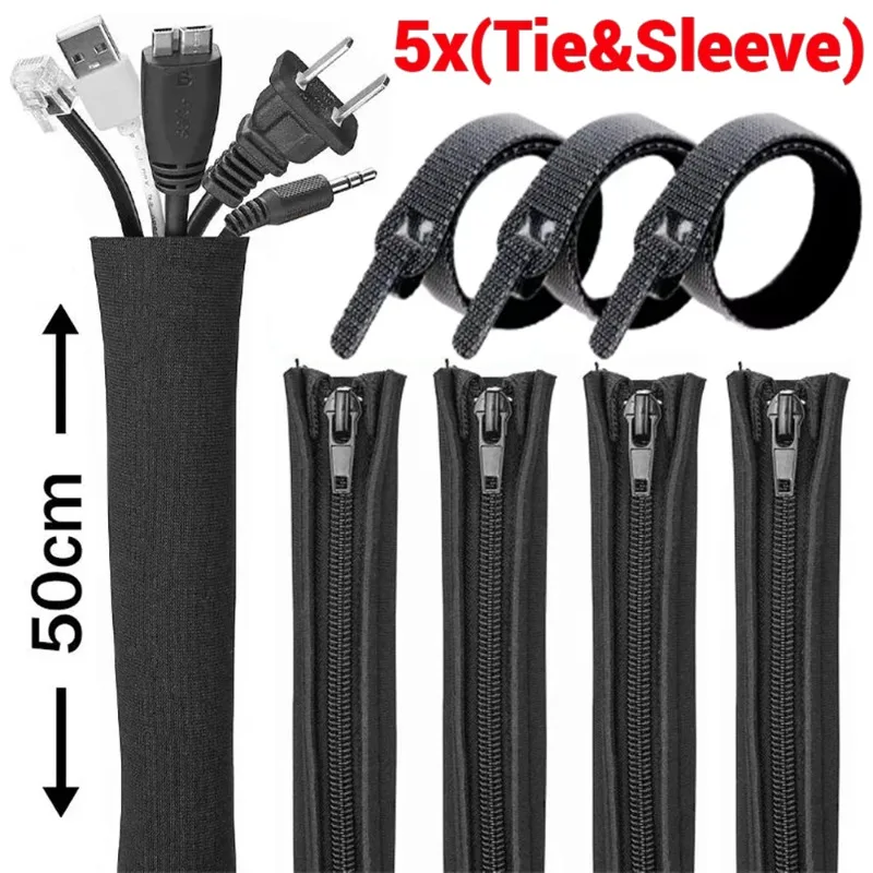 5/3/2/1PCS Flexible Cable Management Sleeve Cord Organizer with Zipper Universal Cable Sleeve Wrap Cover Home Office Desktop