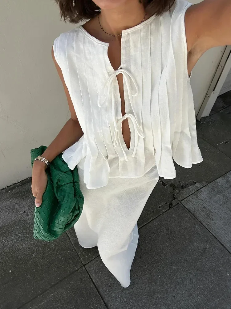 Fashion Bow Lace Up Shirts Women Cotton Linen Hollow Out Sleeveless Pleated Blouses Woman 2024 Summer New Casual Lady White Tops