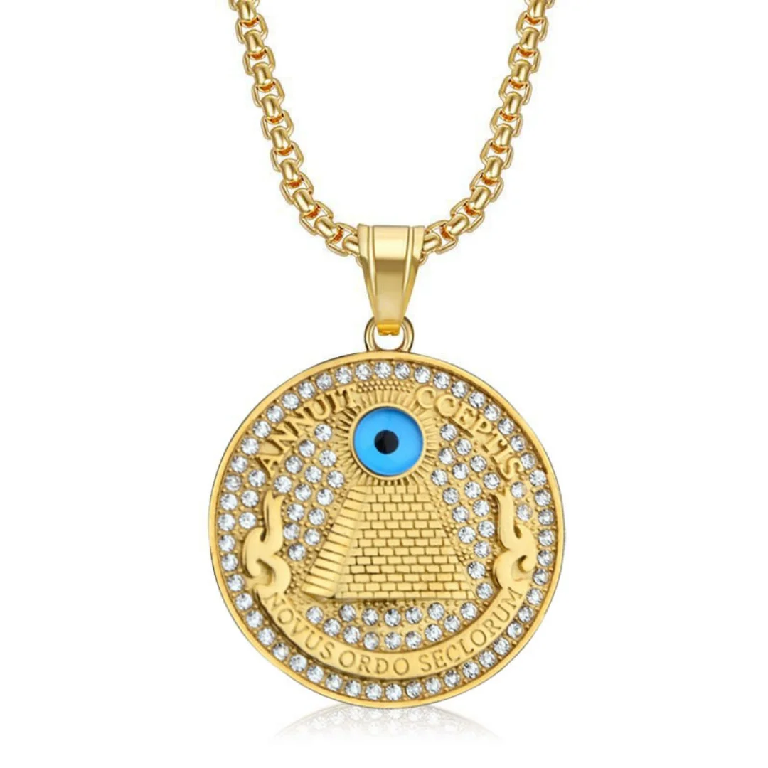 

Mystic All Seeing Eye of Providence Coin Pendant Gold Silver Color Stainless Steel Zirconia Round Necklace for Woman Man Jewelry