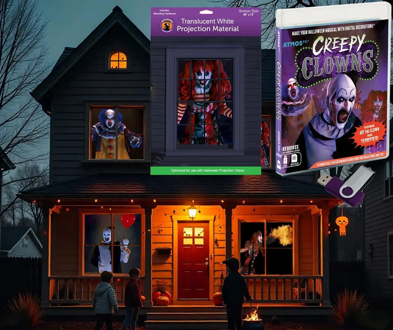 48 by 72 Inch Projection Screen with Creepy Clowns USB