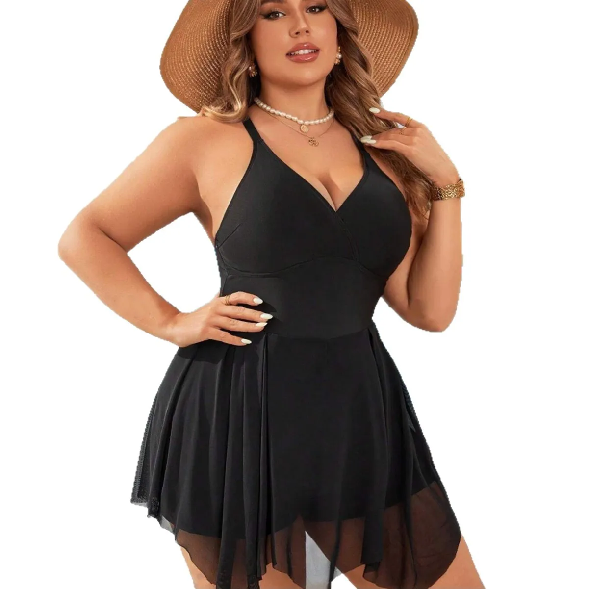 Plus Size Tankini Swimsuit Women V Neck Sleeveless Mesh Flowy Swim Dress Tummy Control One Piece Bathing Solid Black Swimwear