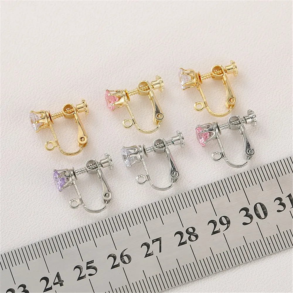 14K Gold-plated Screw Ear Clip Inlaid with Zirconia 6mm Handmade DIY Earrings Jewelry Materials Accessories E023