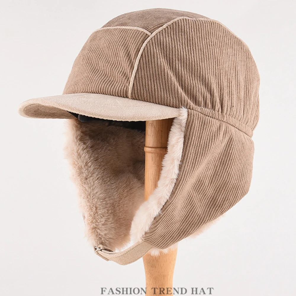 HT4991 Bomber Hat Soft Fur Lined Winter Hats for Men Women Thick Warm Ski Trapper Earflap Cap Male Female Corduroy Russian Hats