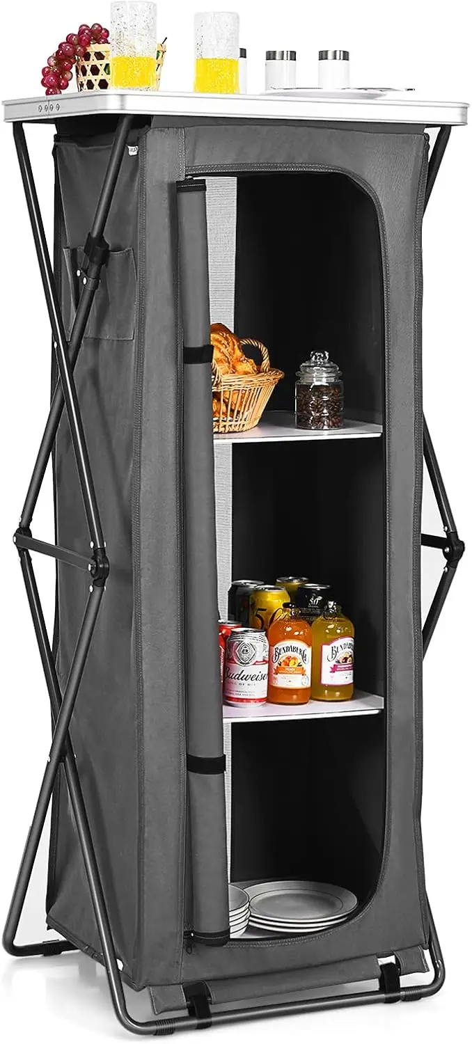 Folding Camping Storage Cabinet, Pop Up Outdoor Camping Kitchen Station with Large 3-Tier Storage Organizer, Carry Bag, Easy