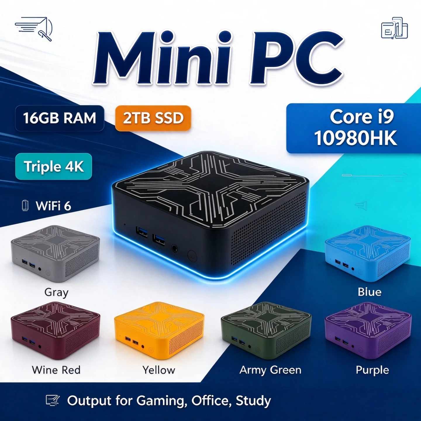 16GB M.2 NVMe SSD Portable Mini PC Ultra Compact Intel Core i9 10980HK 2026 Triple 4K WiFi6 Silent Cooling Office Home Desktop