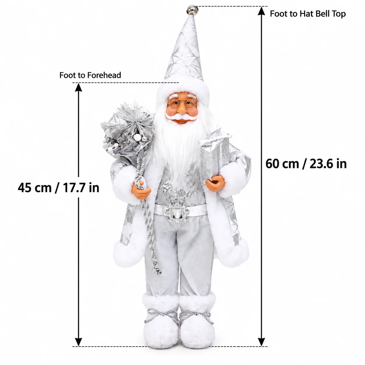 45cm Silver White Standing Santa Claus Christmas Decoration, Holiday Tabletop Mantel Shelf Ornament for Home Decor