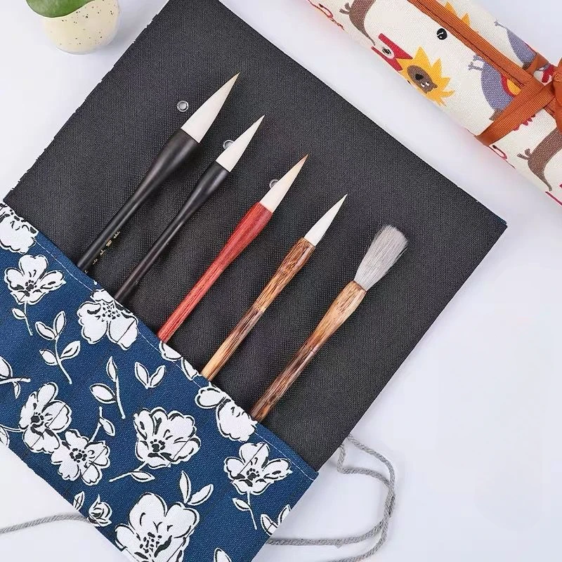 Cotton Pencil Case Chinese Painting Calligraphy Brush Pencil Bag Watercolor Gouache Brush Sketching Pencil Bags Roll Storage Bag