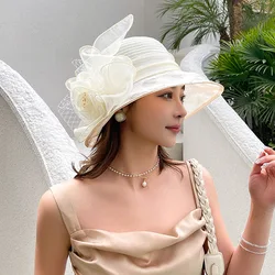 Summer Foldable Sun Cap for Women Fascinators Millinery Church Hat Elegant Bow Wide Brim Bucket Hats Fedora Women