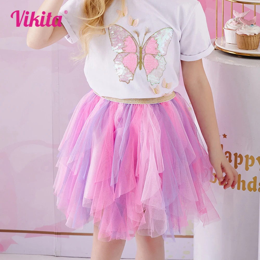 VIKITA Kids Princess Skirts Girls Irregular Layered Mesh Tulle Birthday Party Tutu Mini Skirts Girls Pink Casual Ballet Skirt