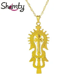 Shamty Africa Jewelry Ethiopian Cross Pendant Necklaces Pure Gold Color Chain Necklaces For Women Men S30007