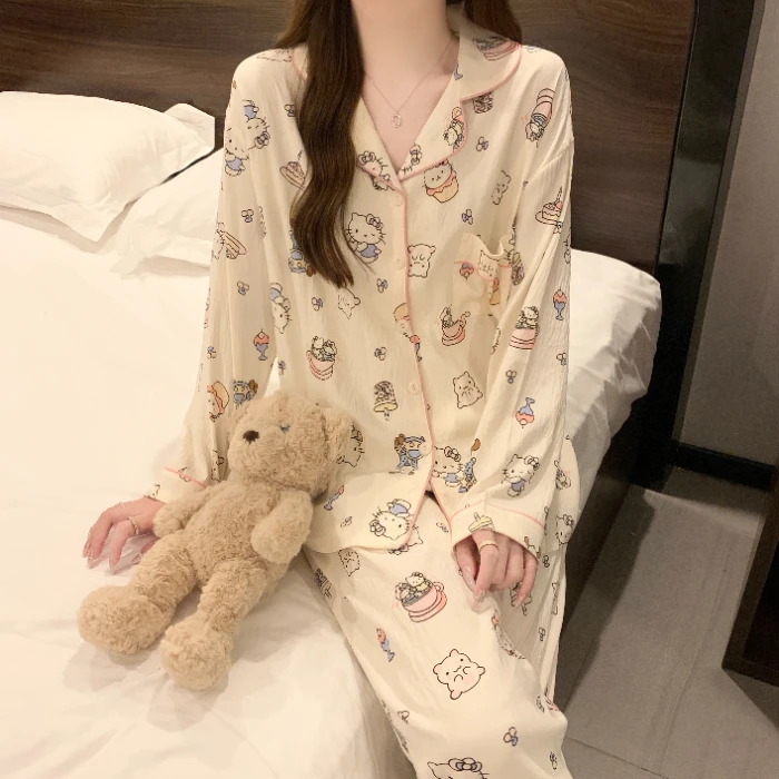 Sanrio 헬로 키티 여성 여름 잠옷 긴 소매 오픈 카디건 세트 여성용 가정 의류 편안한 통기성 잠옷 귀여운