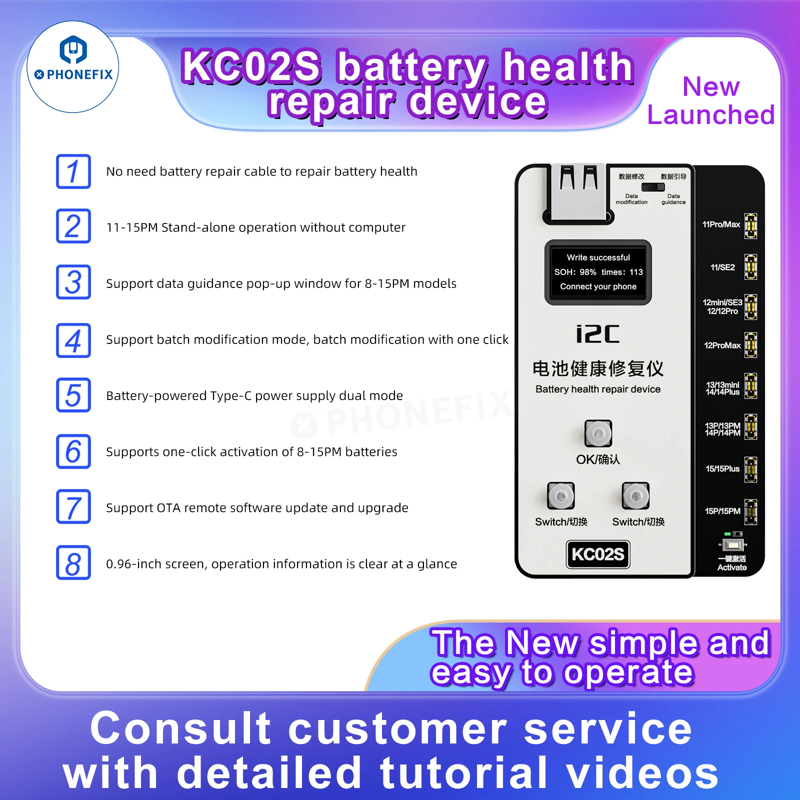 

I2C KC02S Battery Efficiency Pop Up Tester No External Cable Direct Card Efficiency 100% Data for IPhone 11-15PM Upgrade W09 Pro