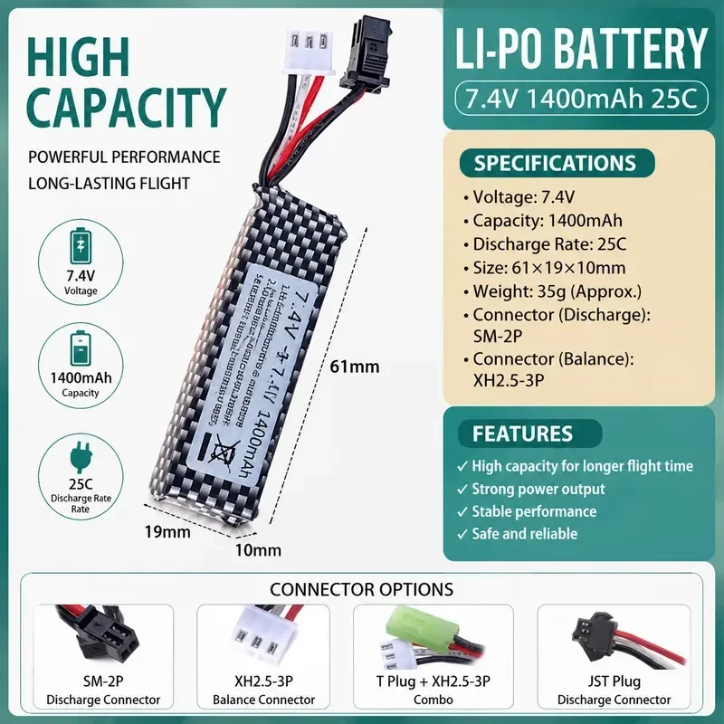 [New] 7.4V 1400mAh Lithium Battery for Medium Rate Electric Toy Water Bullet Soft Bullet Special Accessories