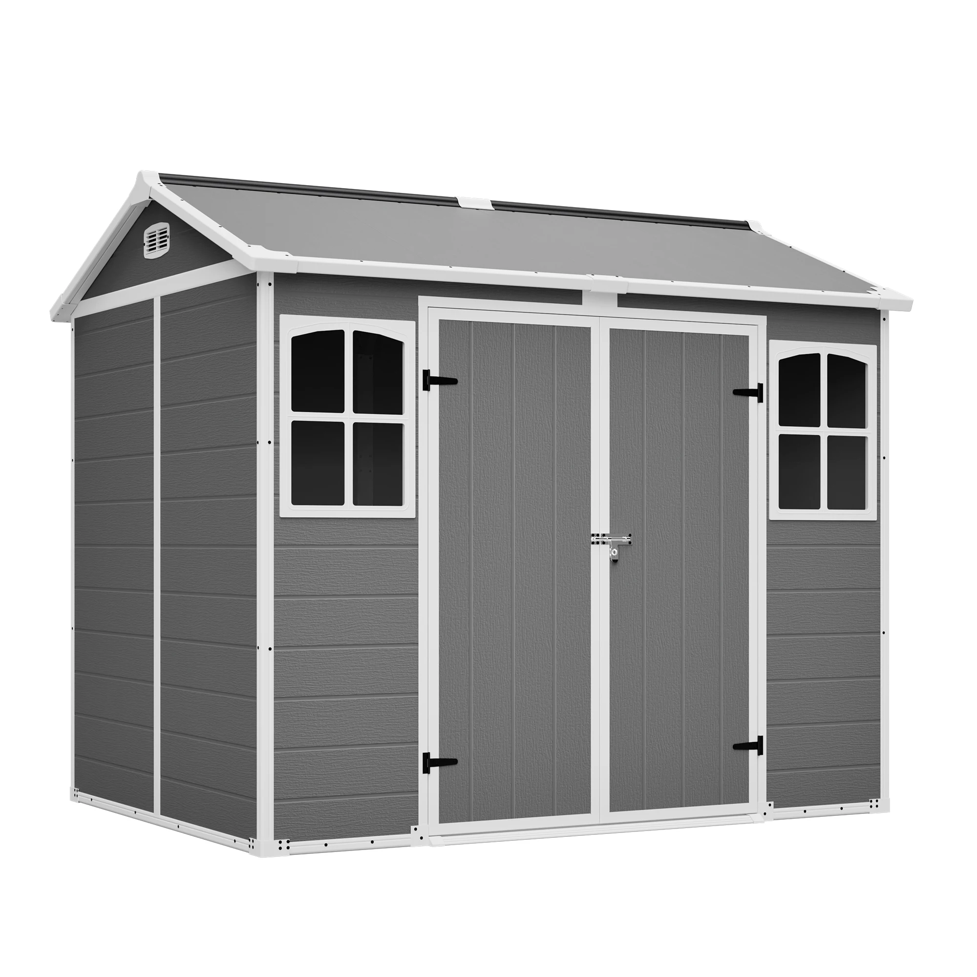 8x6 Ft Durable Plastic Storage Shed with Floor Lockable Waterproof All Weather Garden Tools and Trash Bins Gray White Backyard