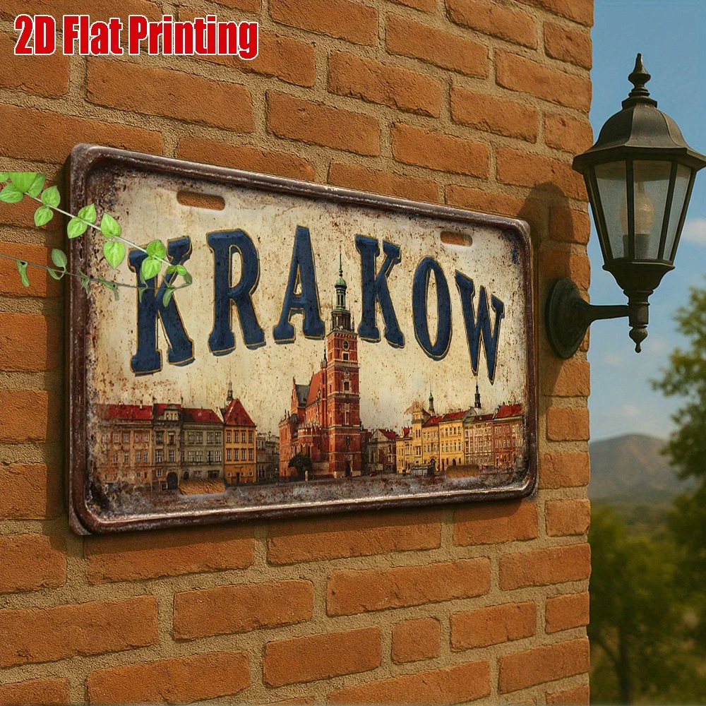 Vintage 2D Flat Metal Sign, Wall Art, Krakow (Poland) Vintage Aluminum Sign, Perfect for Historical Decor, Travel Study