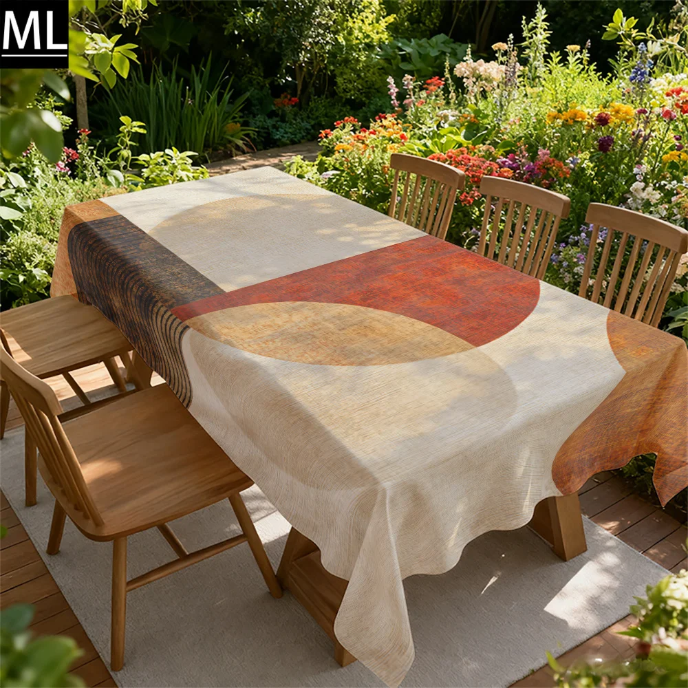 Dining table set featuring vintage geometric printed tablecloth with a beige background and overlapping circles
