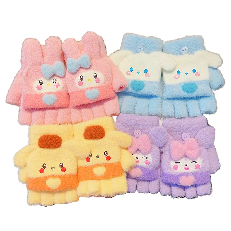 1Pair Kawaii Sanrio Five Finger Gloves Cartoon Winter Thickened Warm Mittens Children Half Finger Flip Gloves Christmas Gifts