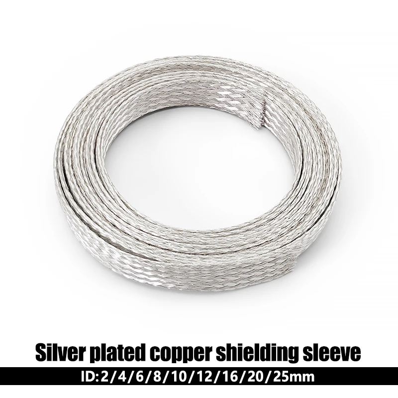Silver Plated Copper Shield Braided Net 2~25mm Telescopic Sleeving Anti Electromagnetic Interference Audio Cable Protector