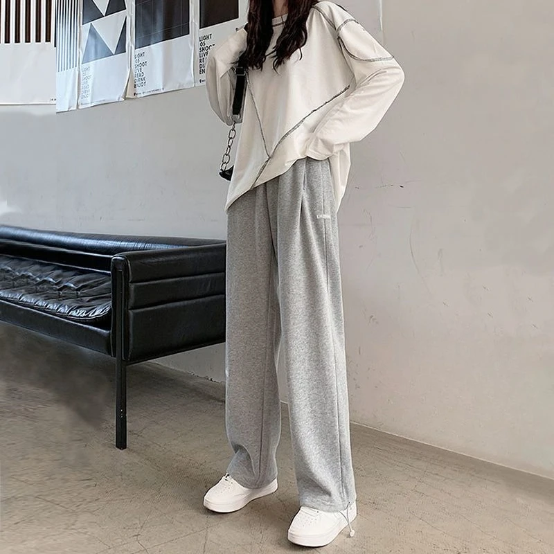 Fall Winter 2026 Women Gray Fleece Lined Sweatpants High Waist Drape Straight Cuffed Slim Casual Joggers New