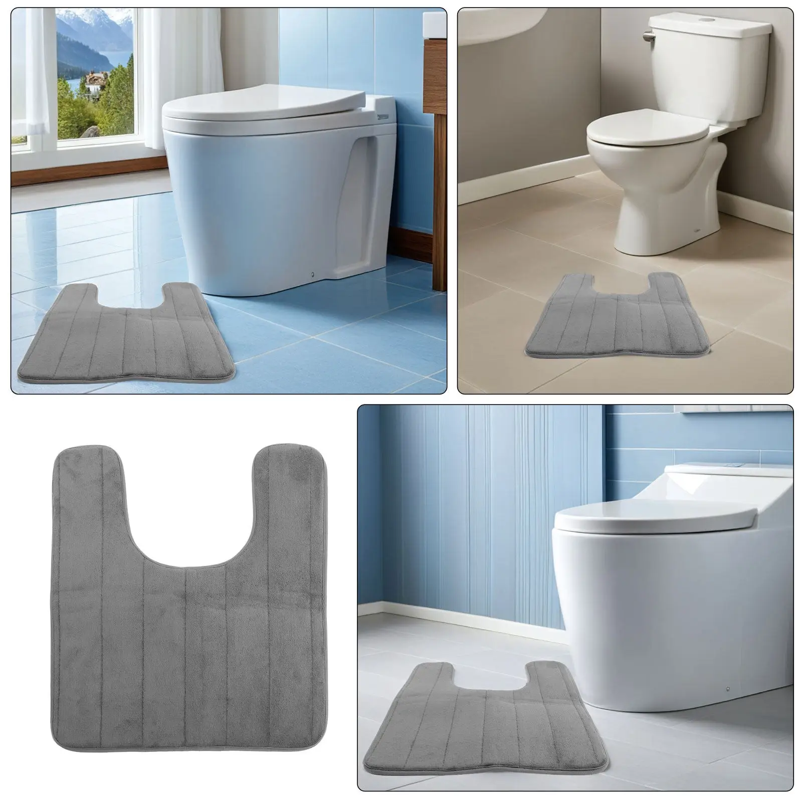 U-Shaped Toilet Mat Set 3pcs, Non-Slip Absorbent Bathroom Rug, Soft Cushion Floor Pad, Washable, Dark Grey
