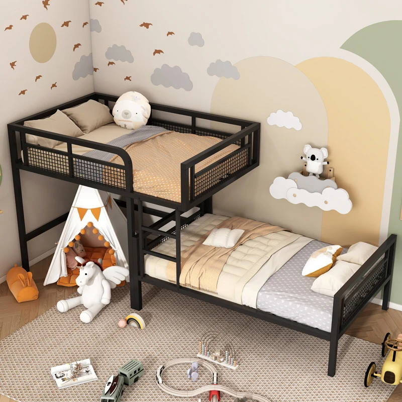 ！@Modern Durable Double-Layer High-Low Parallel Metal Bed for Children Same-Direction Dislocation for Small Apartment Bedrooms