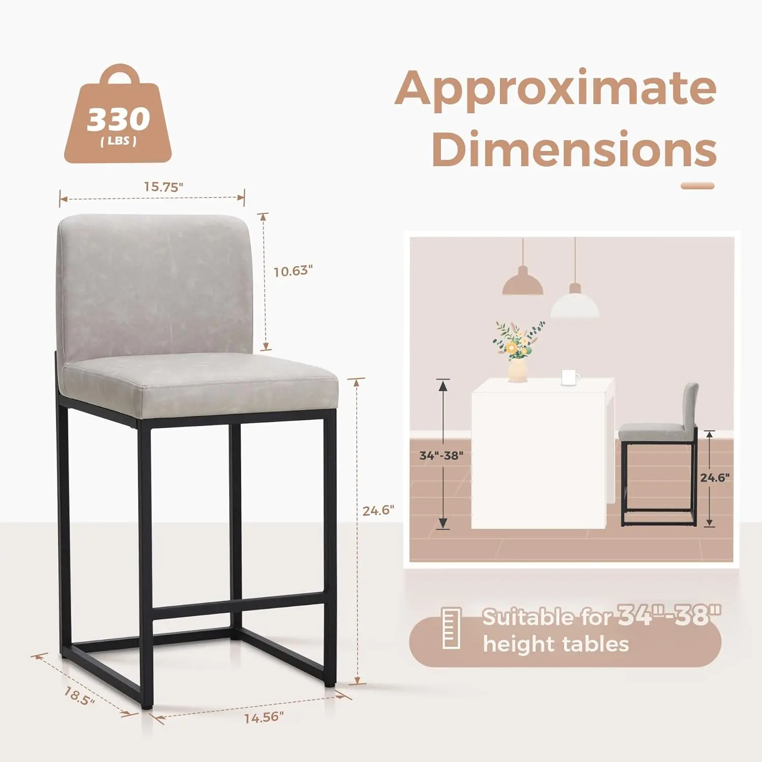 Maison Arts Bar Stools Set Of 4, 24 Inch Counter Height Barstools With Back, Metal Frame, Footrest, Upholstered Faux Leather