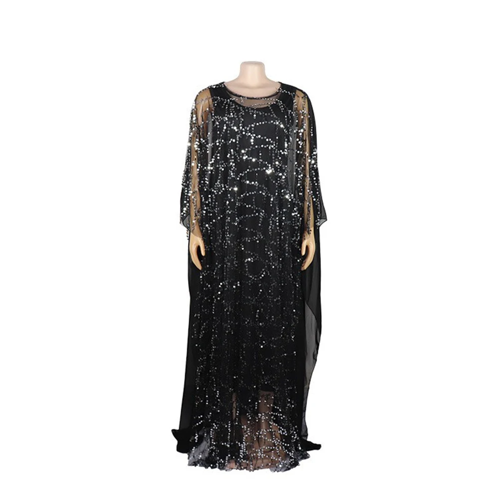 African Woman Dress Solid Sequins Decoration Polyester Chiffon Fabric Loose Plus Size Long Robe With Stretch Long Vest Dress