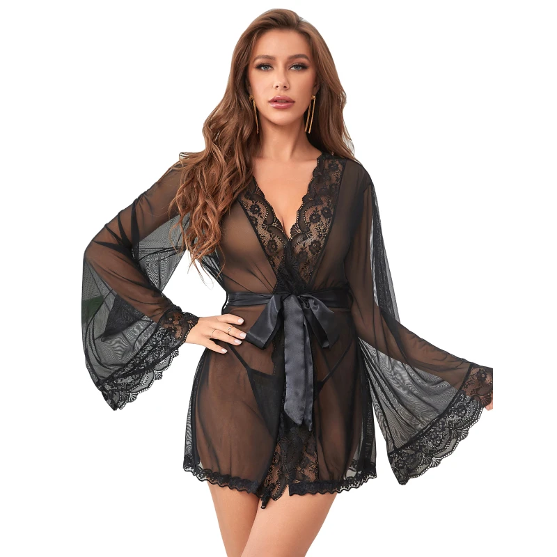 Comeondear Wedding Long Sleeve Robe Belt Sexy Lace Sleepwear 5XL Plus Size Lingerie See Through Nightgown Curve Mini Pajamas Set