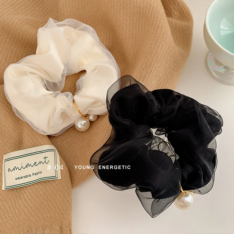 

French Chiffon Pearl Large Scrunchies High Elastic Hair Ties for Women Ponytail Bun Holder Elegant Autumn Daily