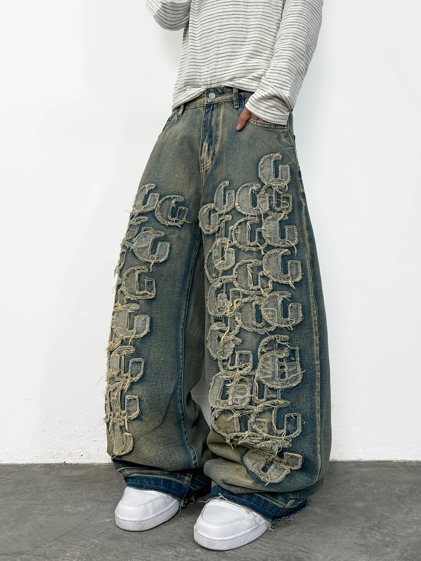 Men's Jeans Streetwear Retro Wide-Leg Pants, Versatile Y2K Letter Embroidery, Men's Casual Trousers, Suitable For All Seasons