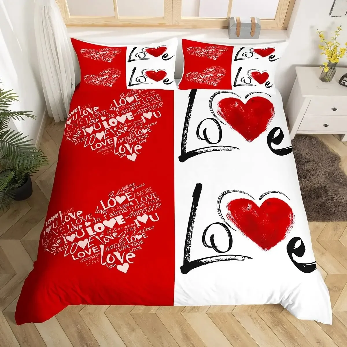 

Romantic Wedding Duvet Cover Set Valentine's Day Red Love Heart Bedding Sets Couple Comforter Cover Hand Draw Quilt Cover King