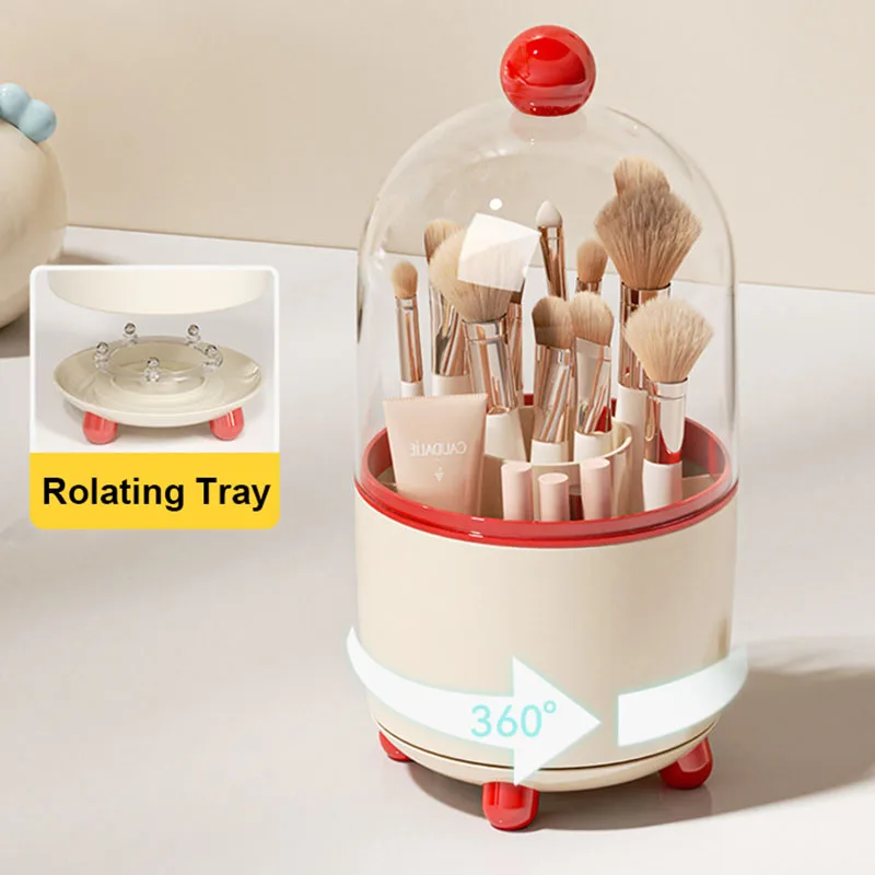 360 °   حامل فرشاة مكياج دوار مع غطاء مقاوم للغبار، منظم فرش مكياج دوار مقاوم للغبار، منظم أدوات التجميل الشفاف