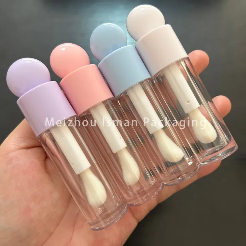 50 szt. Popularne 6-milimetrowe buteleczki na olejek do ust w kolorach makaroników, płaskie, okrągłe, puste tubki na błyszczyk kosmetyczny z dużym pędzelkiem.