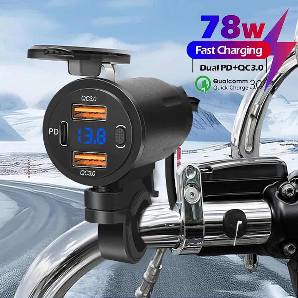 

Dual QC3.0 PD Motorcycle Socket Quick Charge Phone Charger Waterproof Handlebar Mounting Bracket 12V-24V Cellphone Power Adapter