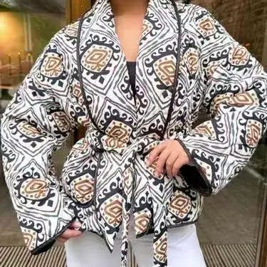 ファイオナブル クラシックプリント コットンジャケット レイジー スリーデザイン トレンディ スリミングコート 快適 ロングスリーブ Vネック レギュラーフィット