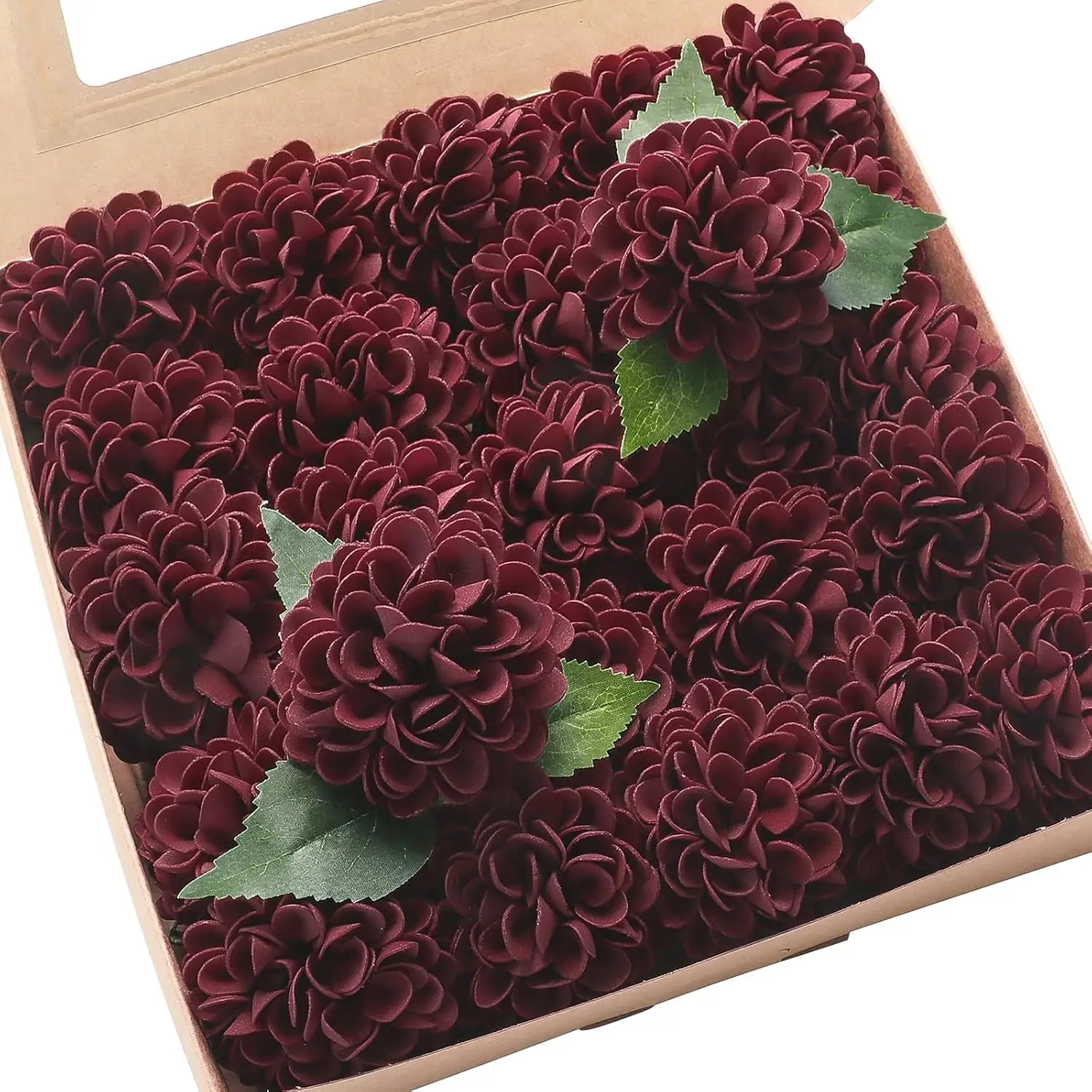 

Artificial Dahlia Flowers 25pcs Real Looking Burgundy Foam Fake Roses with Stems for DIY Wedding Bouquets Dark Red Bridal