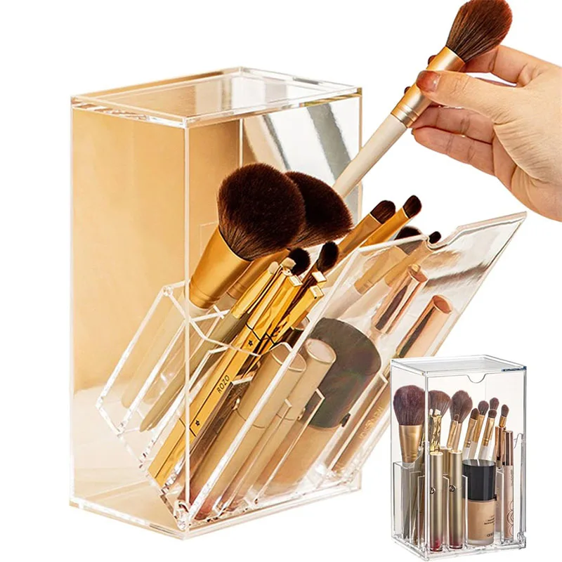 Makeup Brush Holder Clear Cosmetic Brush Holder Organizer with 17 Slots Tilt Open Large Makeup Comestic Tools Storage with Lid