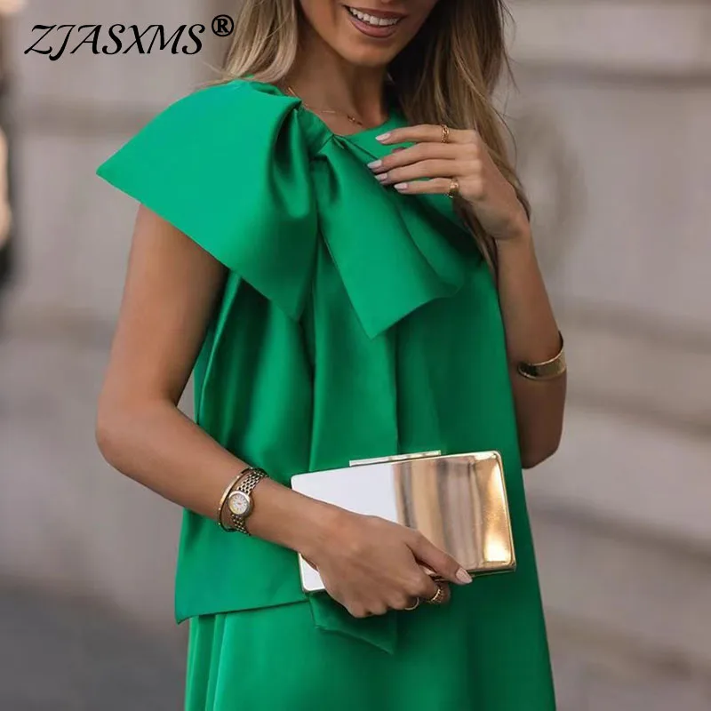 Abito lungo da donna sexy senza maniche con scollo a O, abito estivo da donna con fiocco solido, abito da donna da ufficio, nuovo abito Boho a trapezio allentato casual