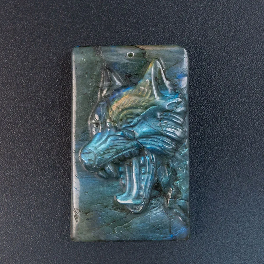 1Pcs DIY Jewelry Making Kit Part 48X29X10MM Blue Flash Labradorite Pendant Wolf Carving Rectangle with Hole