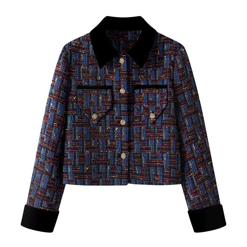 Autumn Winter Ladies Small Fragrant style Short Jacket French Vintage Women Lapel Tops Female Splicing Coarse floral woolen Coat