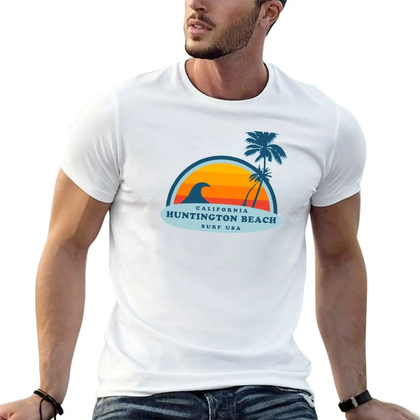 Huntington Beach California Vintage Retro Surf USA Travel Vacation Summer Sunset Beach T-Shirt man t shirts cotton T-Shirt