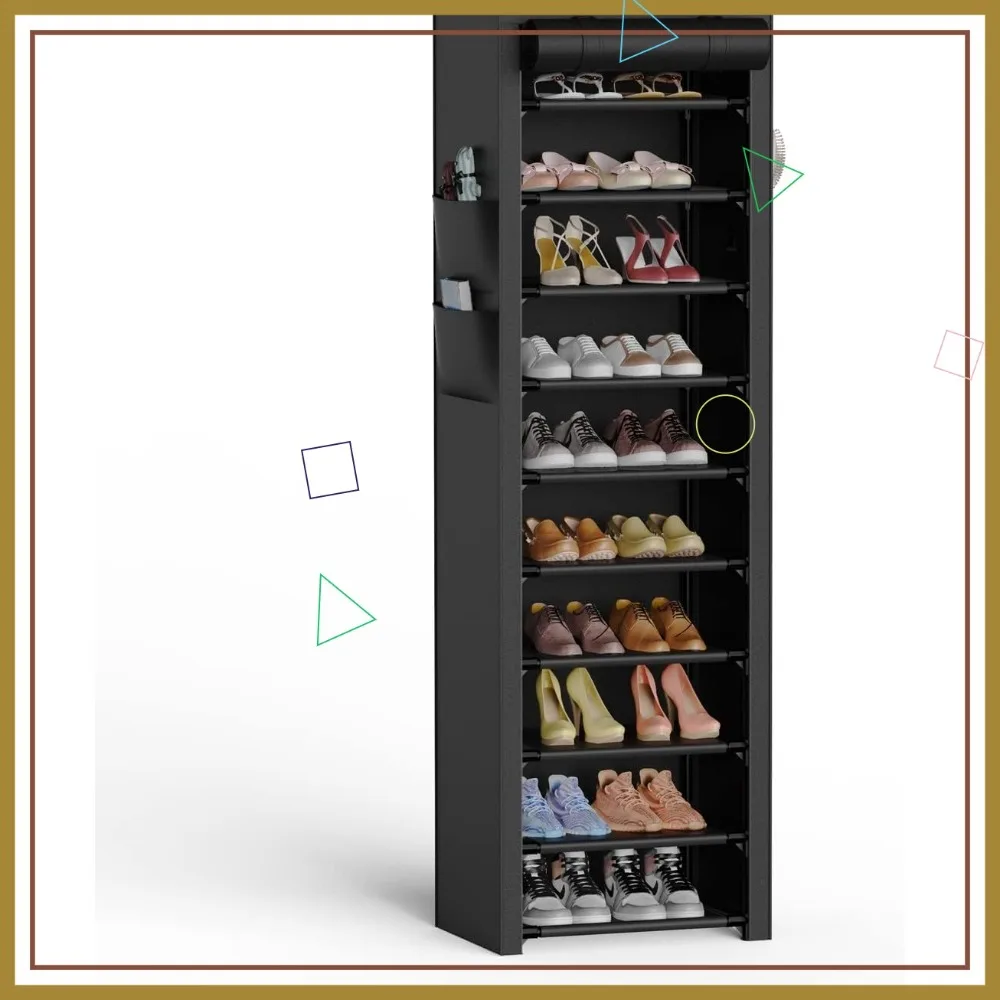 

10-ярусная высокая полка-органайзер для обуви с пылезащитным чехлом, вмещает 20-22 пары, для гардеробной или прихожей, черная