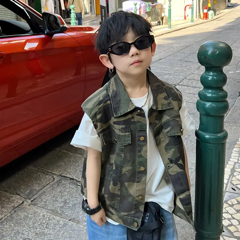 

Fashion Waistcoat Kid Boys Sleeveless Jean Jacket Spring Summer Children Denim Camouflage Vest Casual Solid Cotton Thin Coat