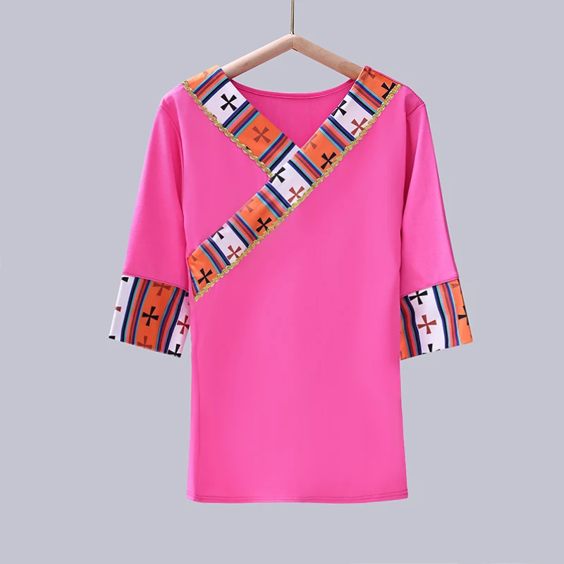 T-shirt de danse tibétaine chinoise pour femme, scène de danse tibétaine, chemises de minorité nationale Y, style ethnique, olympiques de danse traditionnelle