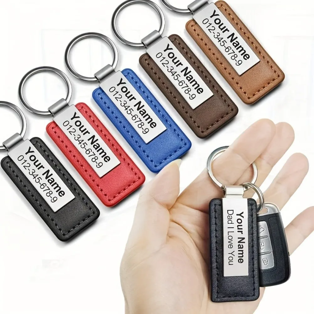 Personalisierter PU-Leder Schlüsselanhänger mit Edelstahl-ID-Tag - Anpassbarer Schlüsselanhänger mit Namen und Telefonnummer als Geschenk für Männer