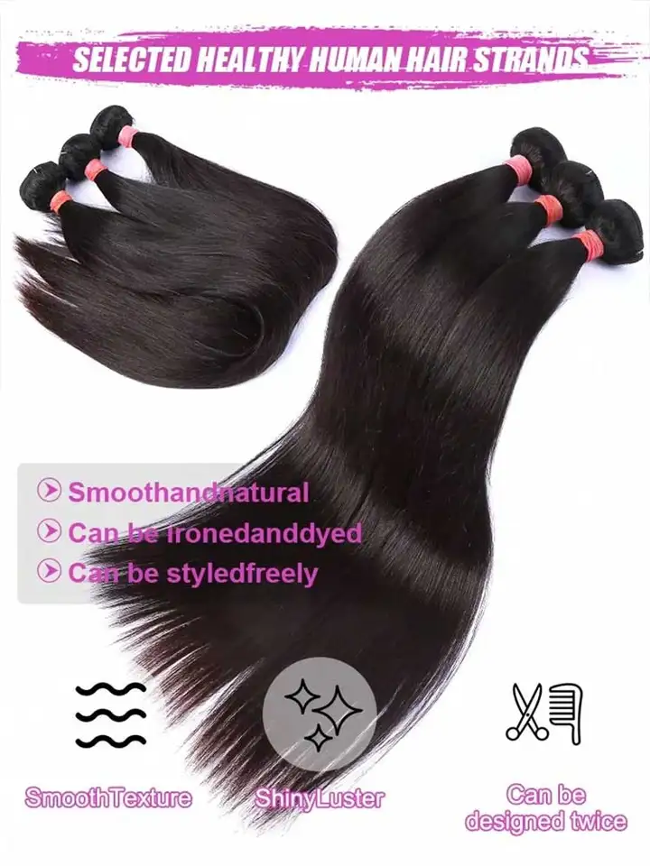 Paquetes de Cabello Humano Brasileño Lacio de 12 a 42 Pulgadas, Remy, Negro Natural 3