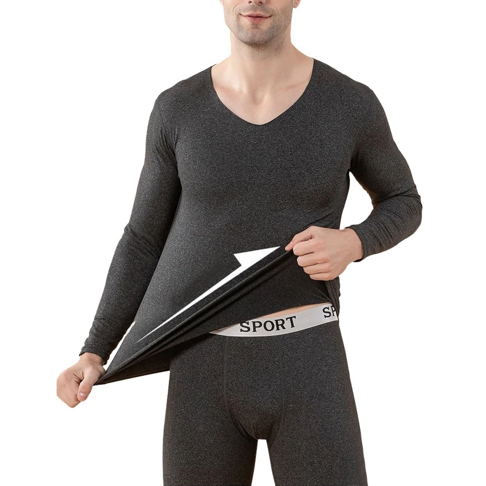 Men Winter Thermal Underwear Fleece Lined Cotton Long Johns Seamless Soft Top Tight Solid Bottom Wear Set Elastic Nightwear