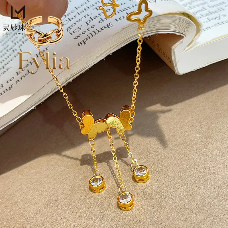 

Fylia Jewelry The same 24K real gold dot diamond double butterfly tassel anklet hollowed-out blessing butterfly 9999 leg rings